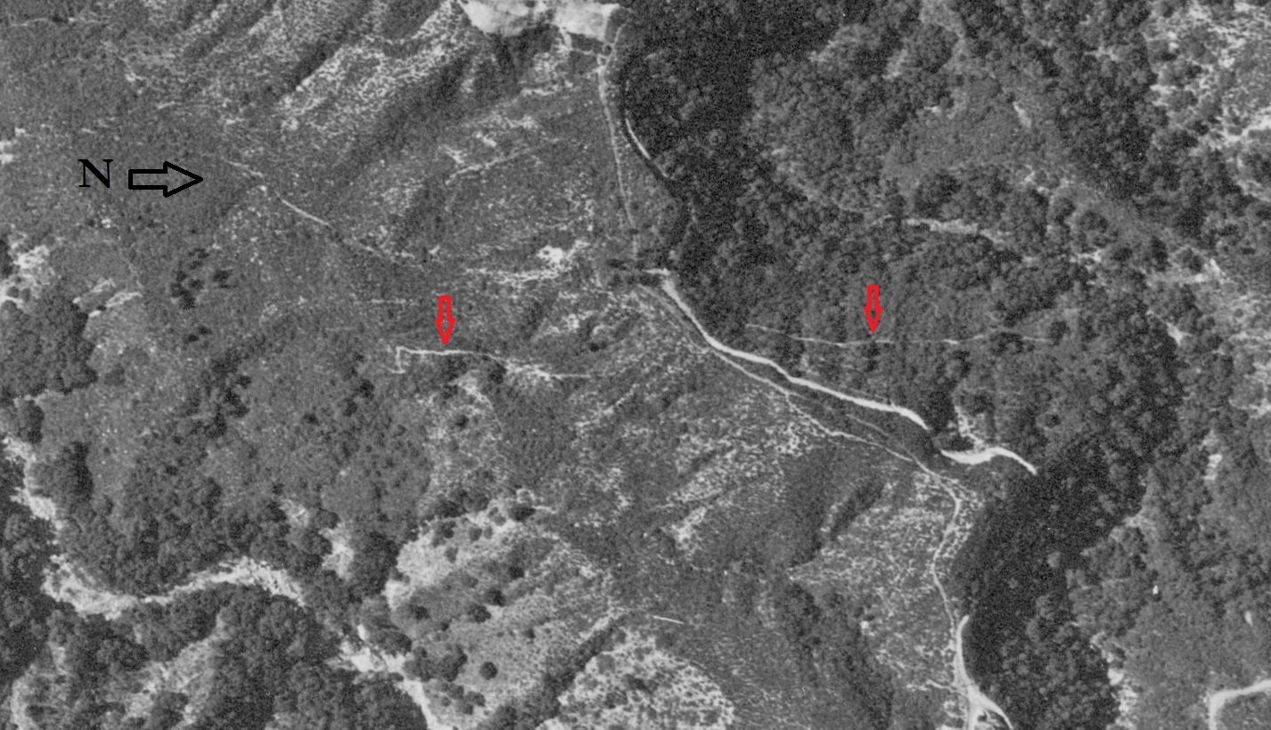 1944 aerial photo with Robert Owens "Uncle Bob's Trail", Early map showing Uncle Bob's Trail in El Prieto Canyon, courtesy of Paul Ayers